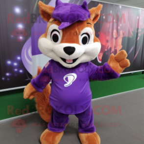 Purple Squirrel mascot costume character dressed with a Polo Shirt and Hair clips