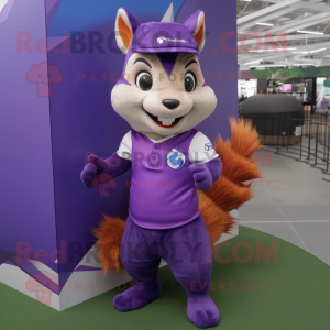 Purple Squirrel mascot costume character dressed with a Polo Shirt and Hair clips