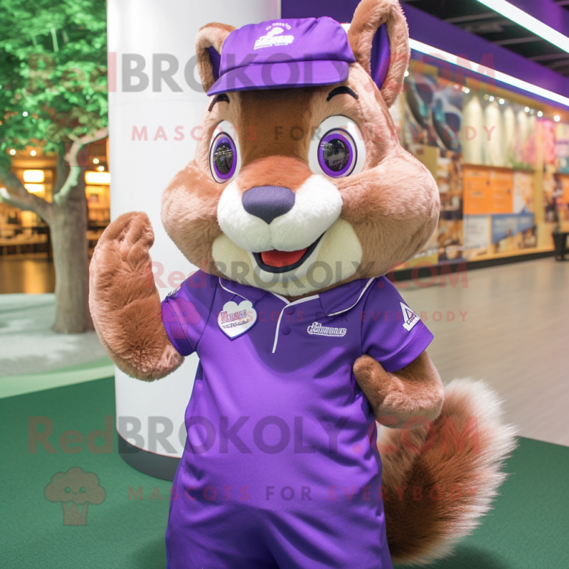 Purple Squirrel mascot costume character dressed with a Polo Shirt and Hair clips