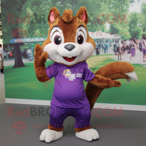 Purple Squirrel mascot costume character dressed with a Polo Shirt and Hair clips