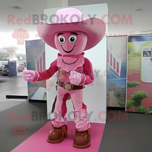 Pink Cowboy mascot costume character dressed with a Romper and Hat pins