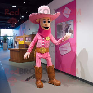 Pink Cowboy mascot costume character dressed with a Romper and Hat pins