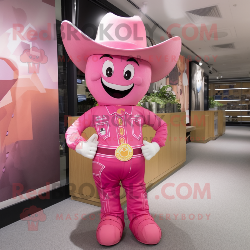 Pink Cowboy mascot costume character dressed with a Romper and Hat pins Pink Cowboy mascot costume character dressed with a Romper and Hat pins