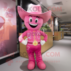 Pink Cowboy mascot costume character dressed with a Romper and Hat pins