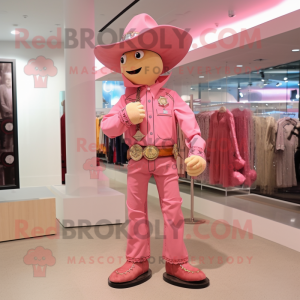 Pink Cowboy mascot costume character dressed with a Romper and Hat pins