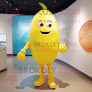 Lemon Yellow Mango mascot costume character dressed with a Rash Guard and Cufflinks