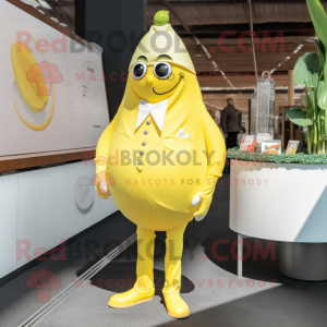 Lemon Yellow Mango mascot costume character dressed with a Rash Guard and Cufflinks