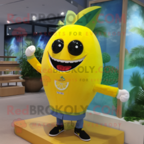 Lemon Yellow Mango mascot costume character dressed with a Rash Guard and Cufflinks