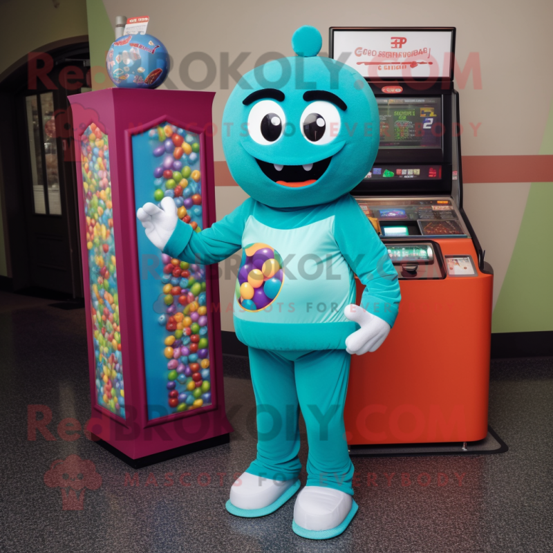 Teal Gumball Machine mascot costume character dressed with a Leggings and Scarves