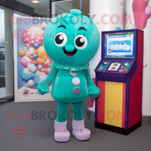 Teal Gumball Machine mascot costume character dressed with a Leggings and Scarves