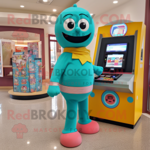 Teal Gumball Machine mascot costume character dressed with a Leggings and Scarves