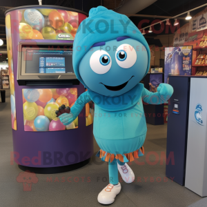Teal Gumball Machine mascot costume character dressed with a Leggings and Scarves