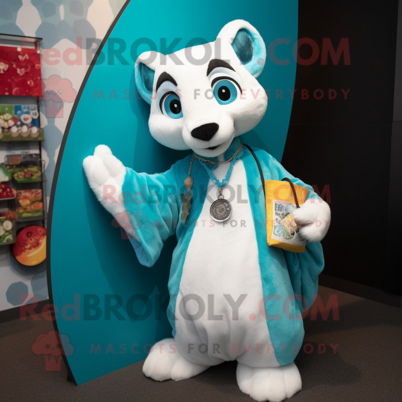 Turquoise Ermine mascot costume character dressed with a Long Sleeve Tee and Coin purses