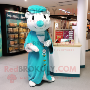 Turquoise Ermine mascot costume character dressed with a Long Sleeve Tee and Coin purses