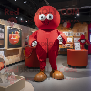 Red Human Cannon Ball mascot costume character dressed with a Romper and Handbags