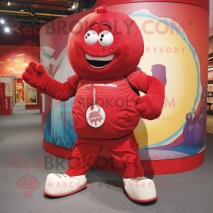 Red Human Cannon Ball mascot costume character dressed with a Romper and Handbags