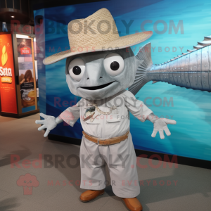 Silver Fish Tacos mascot costume character dressed with a Romper and Hat pins