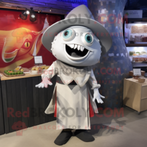 Silver Fish Tacos mascot costume character dressed with a Romper and Hat pins