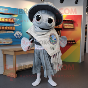 Silver Fish Tacos mascot costume character dressed with a Romper and Hat pins