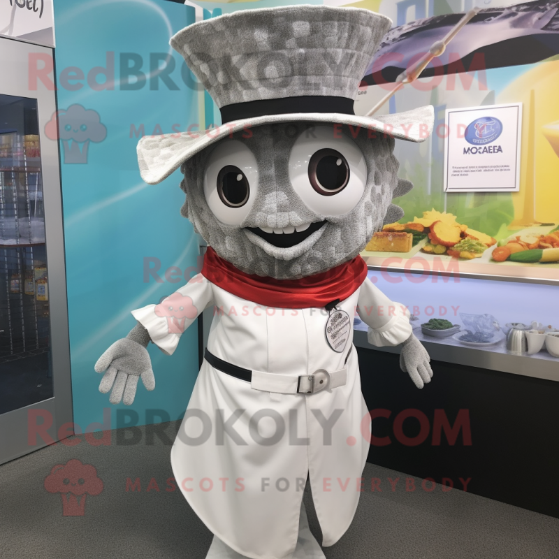 Silver Fish Tacos mascot costume character dressed with a Romper and Hat pins Silver Fish Tacos mascot costume character dressed with a Romper and Hat pins
