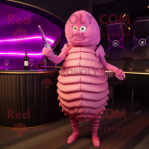 Pink Trilobite mascot costume character dressed with a Cocktail Dress and Keychains