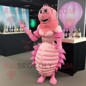 Pink Trilobite mascot costume character dressed with a Cocktail Dress and Keychains