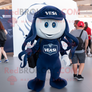 Navy Medusa mascot costume character dressed with a V-Neck Tee and Backpacks