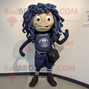 Navy Medusa mascot costume character dressed with a V-Neck Tee and Backpacks