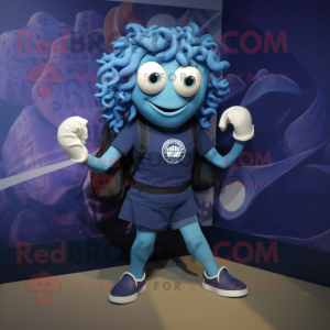 Navy Medusa mascot costume character dressed with a V-Neck Tee and Backpacks