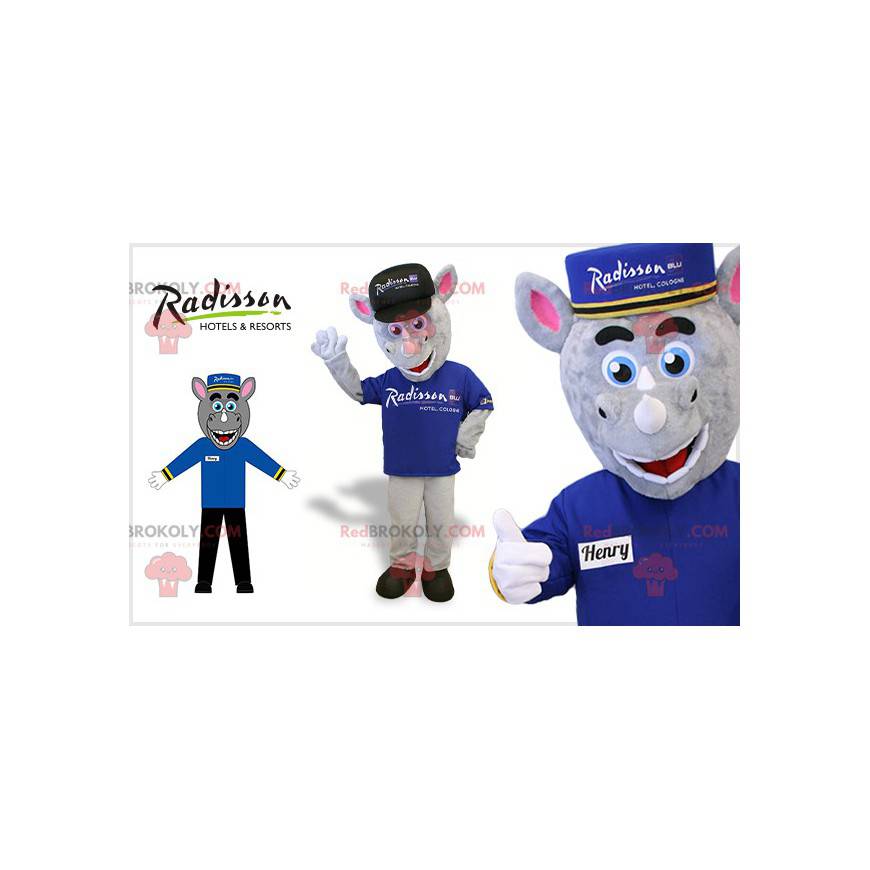 Gray rhino mascot dressed as a butler - Redbrokoly.com