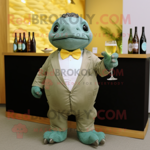 Olive Glyptodon mascot costume character dressed with a Cocktail Dress and Bow ties