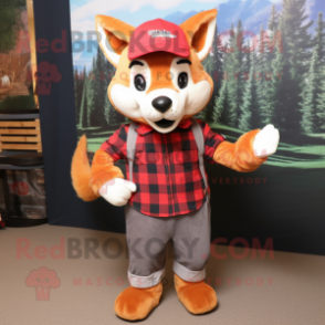 Red Fox mascot costume character dressed with a Flannel Shirt and Caps