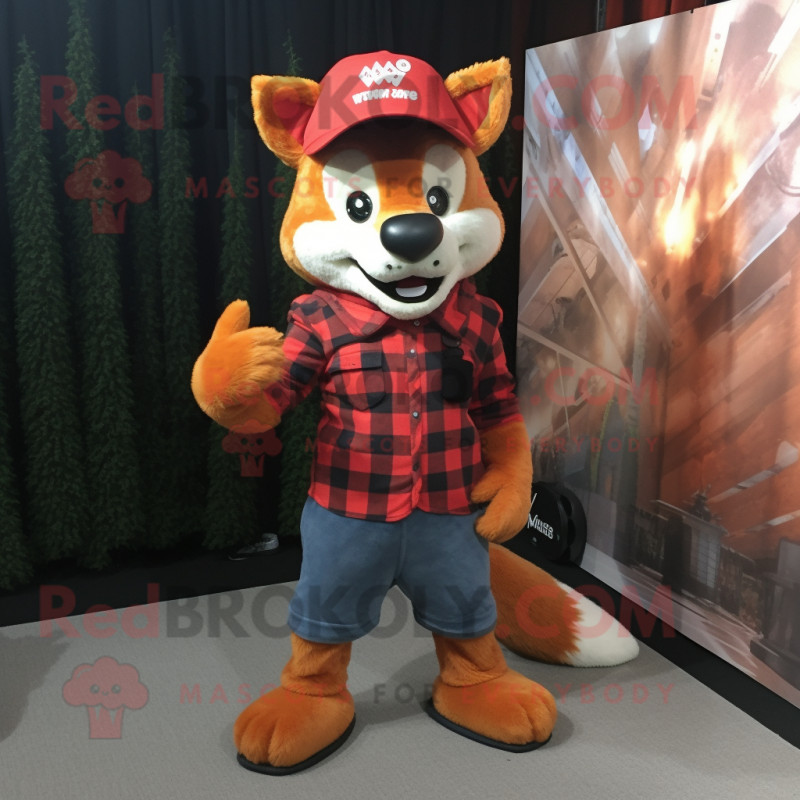 Red Fox mascot costume character dressed with a Flannel Shirt and Caps