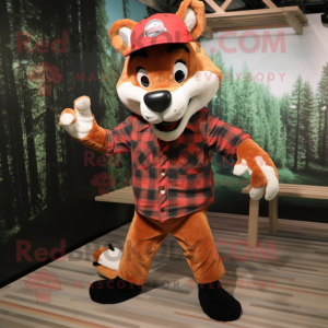 Red Fox mascot costume character dressed with a Flannel Shirt and Caps