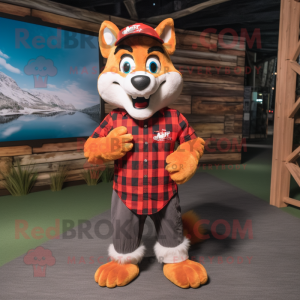 Red Fox mascot costume character dressed with a Flannel Shirt and Caps