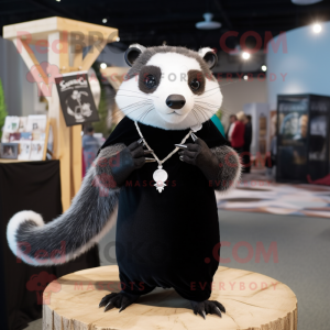 Black Ferret mascot costume character dressed with a V-Neck Tee and Shawl pins
