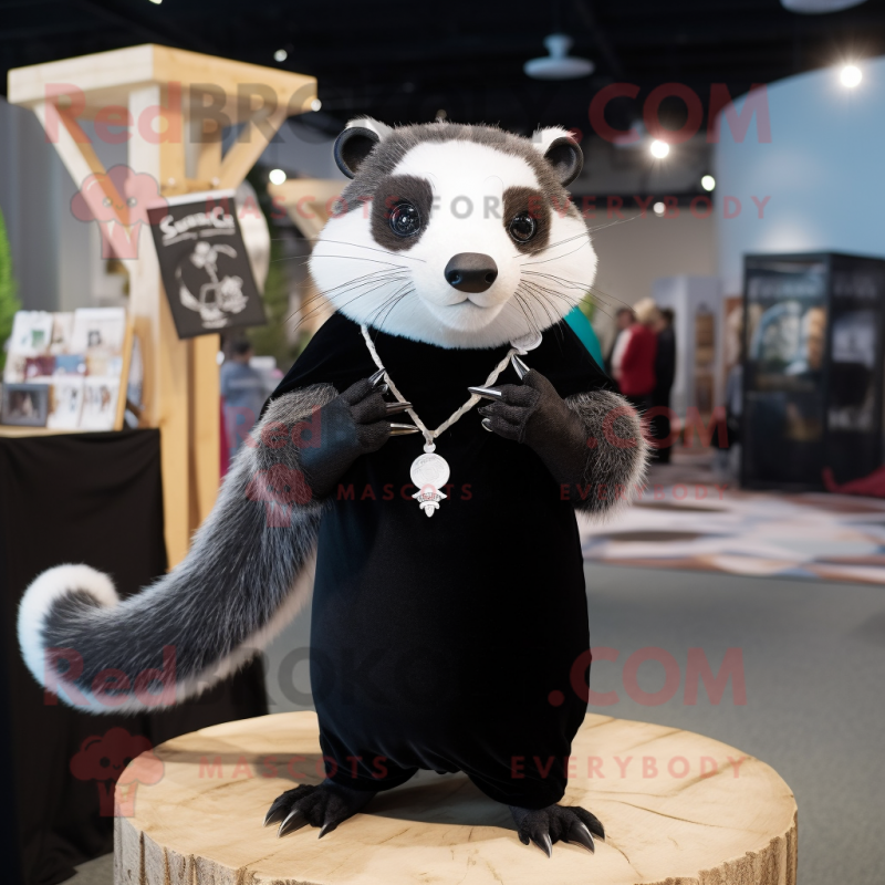 Black Ferret mascot costume character dressed with a V-Neck Tee and Shawl pins Black Ferret mascot costume character dressed with a V-Neck Tee and Shawl pins