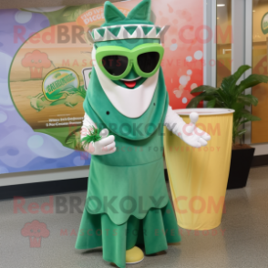 Green Clam Chowder mascot costume character dressed with a Evening Gown and Sunglasses