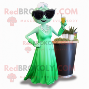 Green Clam Chowder mascot costume character dressed with a Evening Gown and Sunglasses