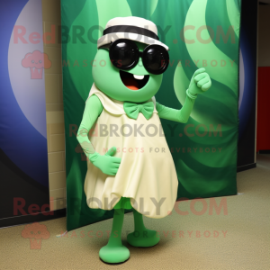 Green Clam Chowder mascot costume character dressed with a Evening Gown and Sunglasses