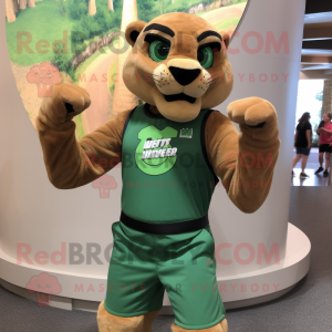 Green Mountain Lion mascot costume character dressed with a Tank Top and Bracelets