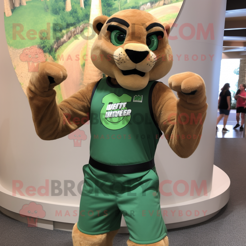 Green Mountain Lion mascot costume character dressed with a Tank Top and Bracelets Green Mountain Lion mascot costume character dressed with a Tank Top and Bracelets