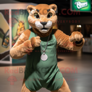 Green Mountain Lion mascot costume character dressed with a Tank Top and Bracelets