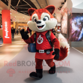 Red Raccoon mascot costume character dressed with a Leggings and Messenger bags