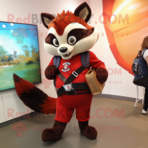 Red Raccoon mascot costume character dressed with a Leggings and Messenger bags