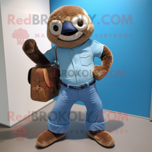 Sky Blue Sloth mascot costume character dressed with a Bootcut Jeans and Wallets