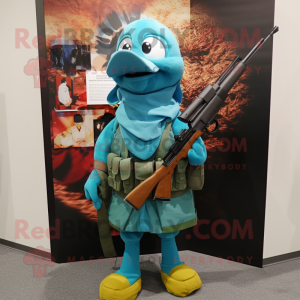Teal Sniper mascot costume character dressed with a Mini Skirt and Scarf clips