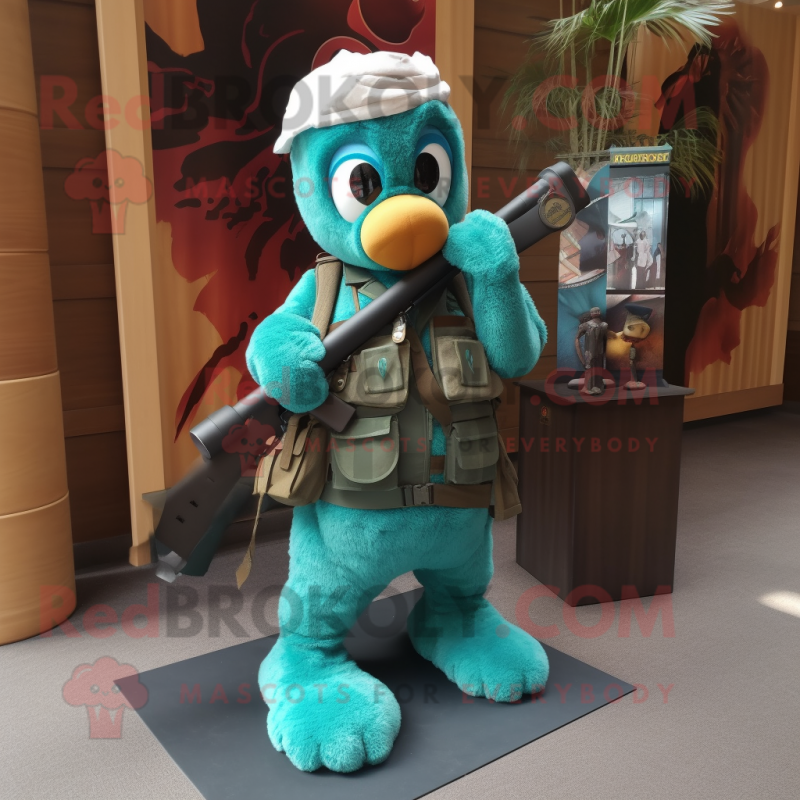 Teal Sniper mascot costume character dressed with a Mini Skirt and Scarf clips