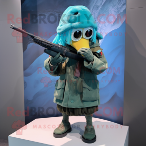Teal Sniper mascot costume character dressed with a Mini Skirt and Scarf clips