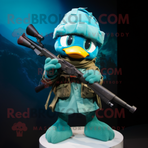 Teal Sniper mascot costume character dressed with a Mini Skirt and Scarf clips